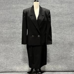 Vintage Valerie Stevens Skirt Suit Set Womens 12 Black Wool Jacket Skirt Career